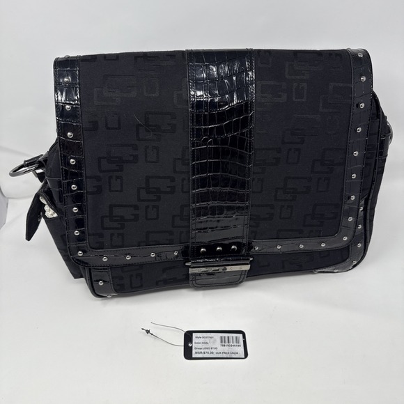 Vtg 90s Y2K Guess Black Messenger Cross Bag Vegan Big O-Ring Studded‎ Streetwear